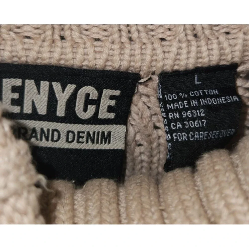 Enyce Vintage Cable Knit Tan Sweater with Black Lettering LARGE